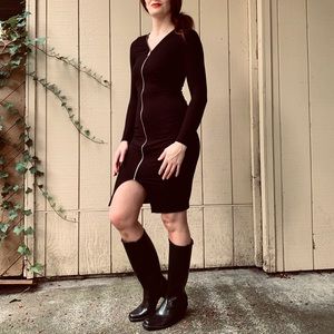 Express black ribbed silver zip-up knee length fitted long sleeve Dress XXS-S